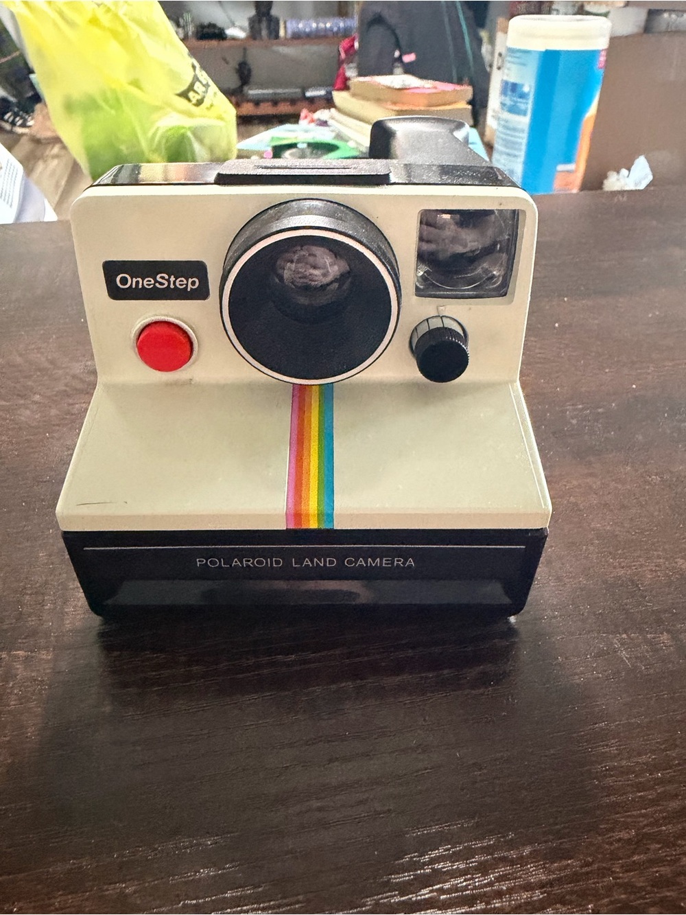 Polaroid Land Camera in White with Rainbow Stripe and Red Shutter
